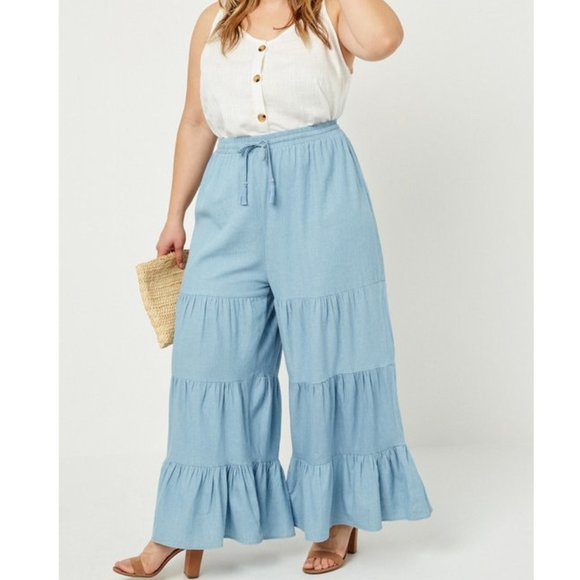 Plus Size Boho Chambray Denim Wide Leg Pants - Picture 2 of 5